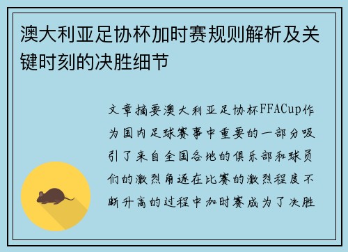 澳大利亚足协杯加时赛规则解析及关键时刻的决胜细节 澳大利亚足协杯加时赛规则解析及关键时刻的决胜细节